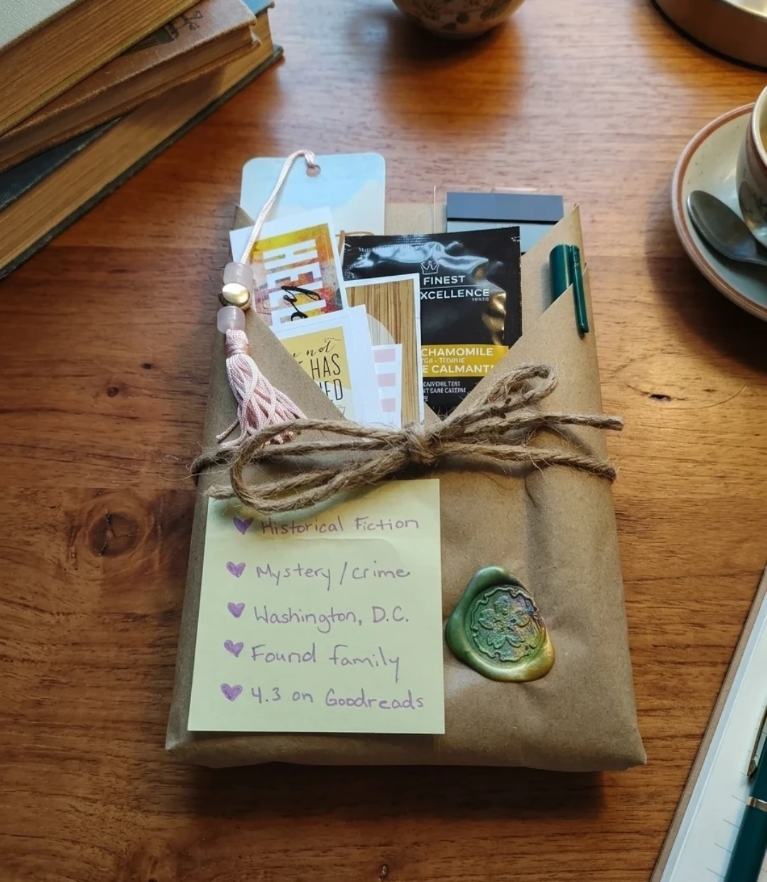 Wrapped Historical Fiction Book with Tea and Accessories