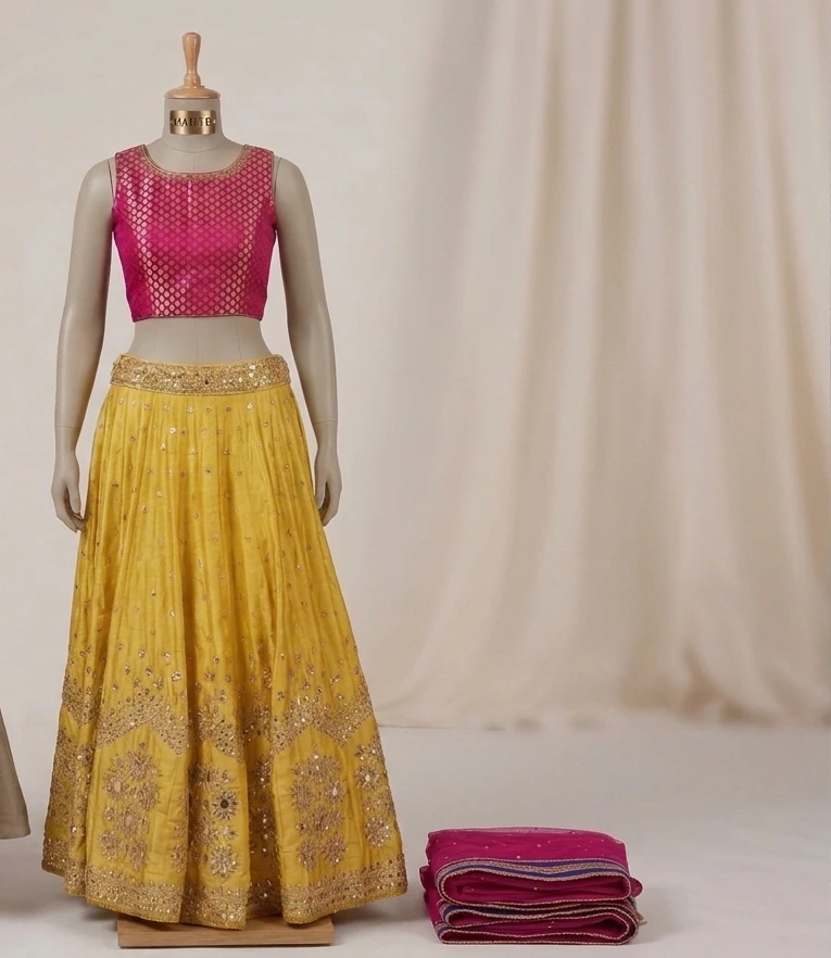 Yellow Lehenga Choli with Pink Blouse and Dupatta