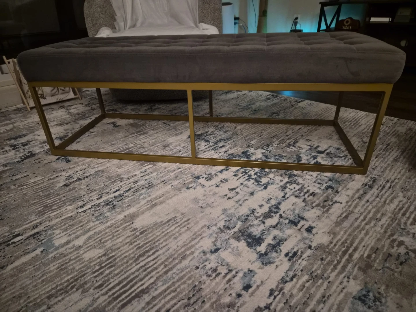 Grey Velvet Upholstered Bench with Gold Metal Base