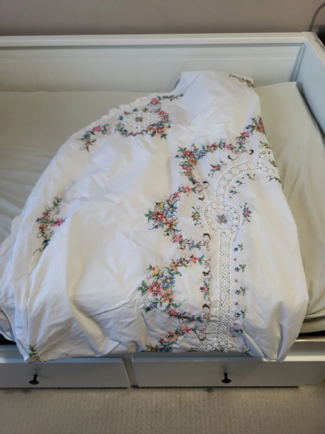 Vintage Embroidered White Tablecloth