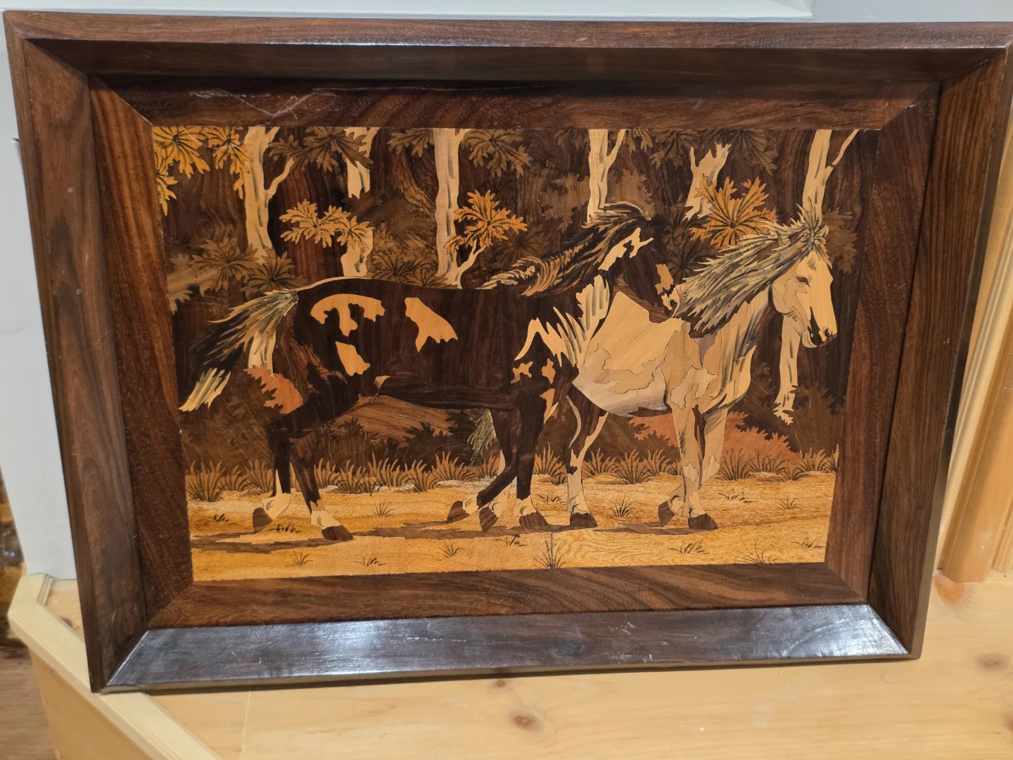 Vintage Framed Wooden Intarsia Wall Art with Horses