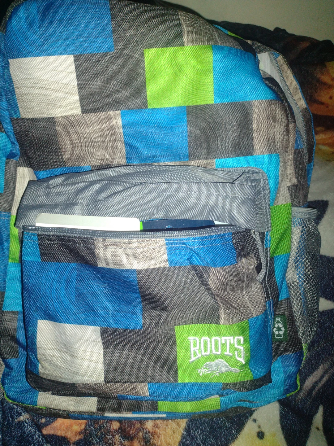 Roots blue and green checkered backpack