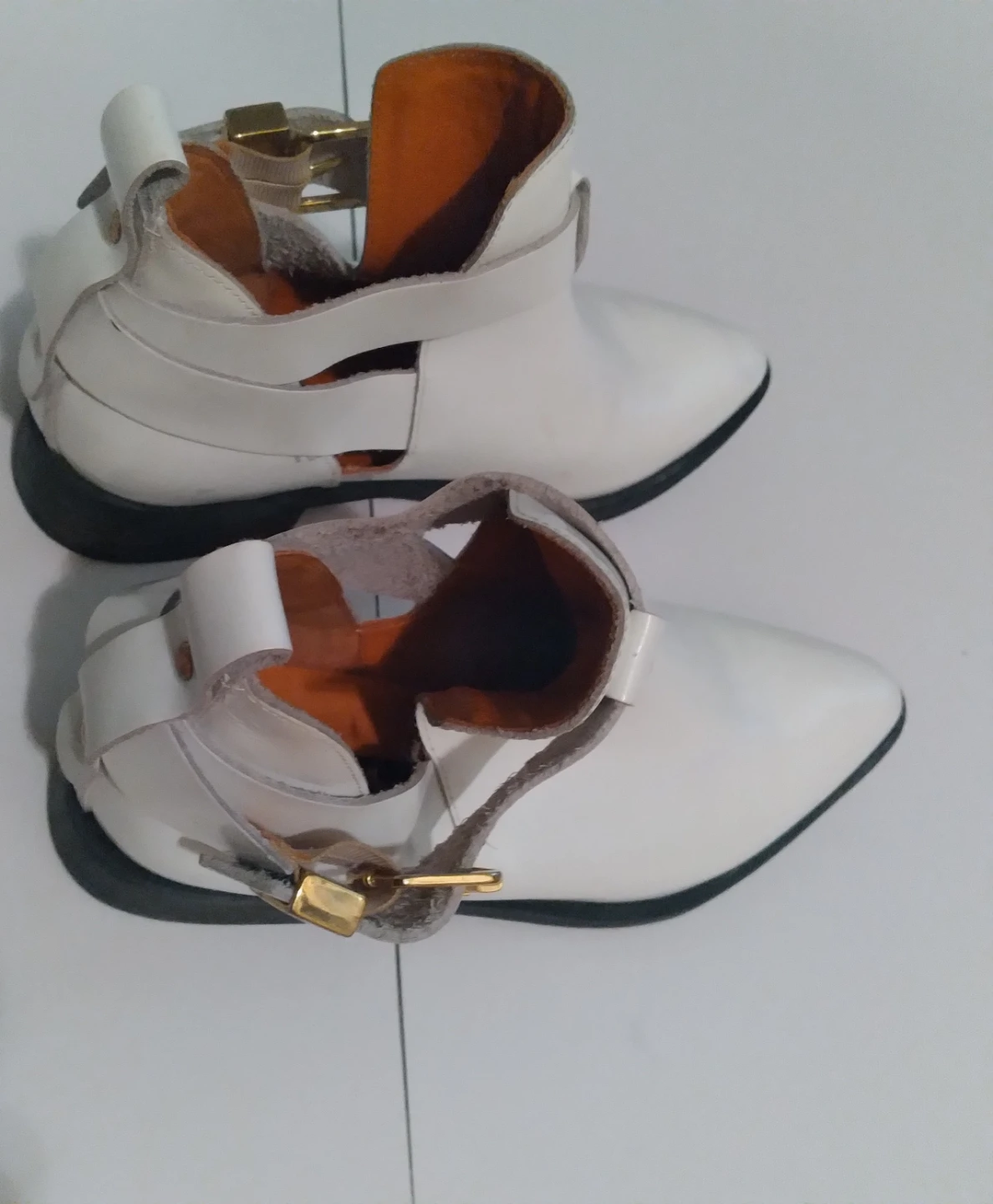 White Leather Ankle Boots with Gold Buckle