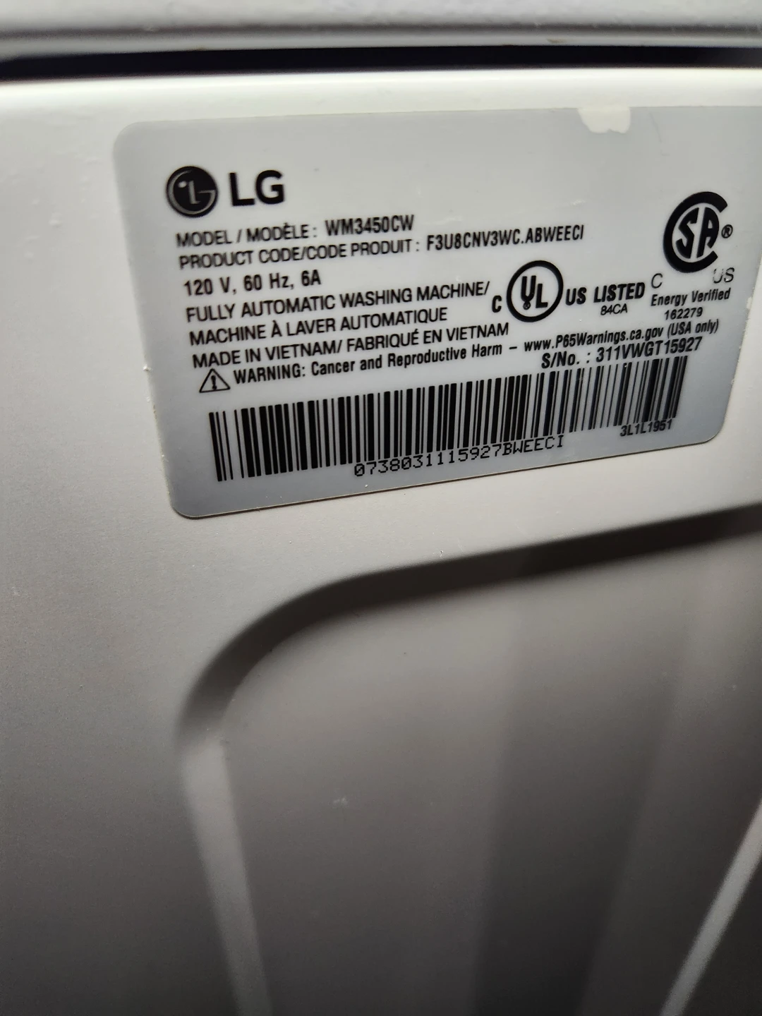 LG Washer like new scratch & dent on side