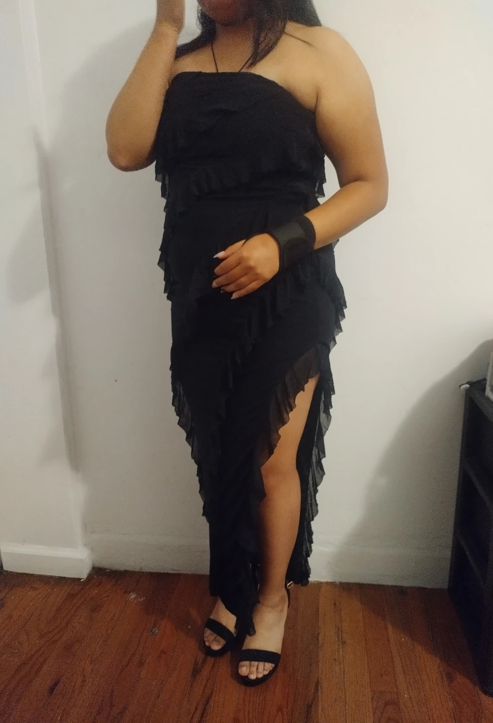 Black strapless ruffled maxi dress