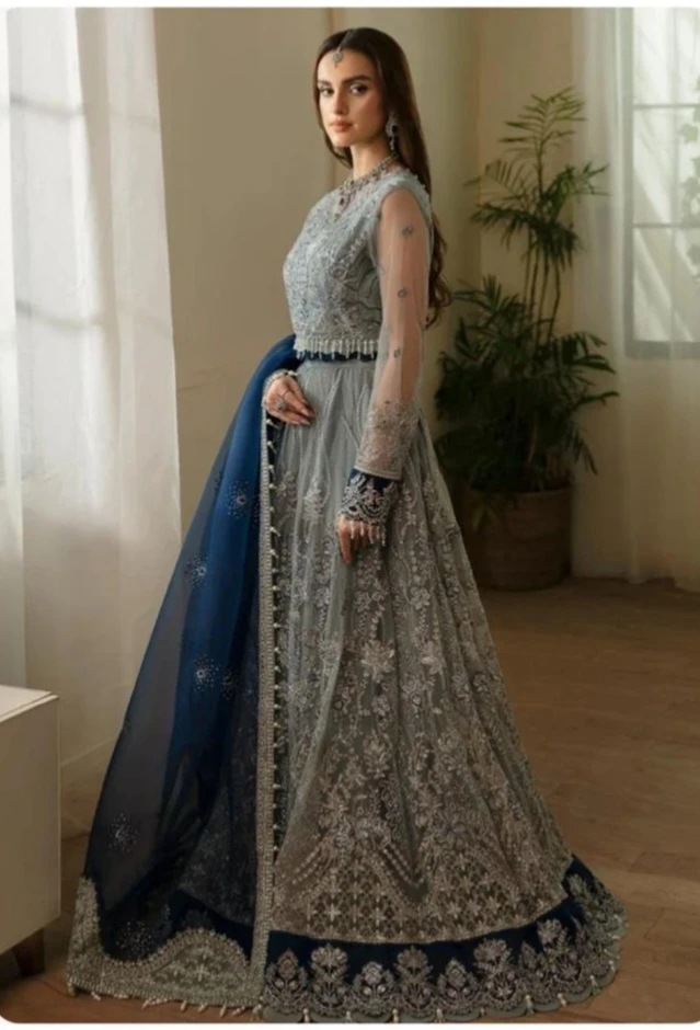 Embroidered Grey and Navy Blue Gown - photo 3