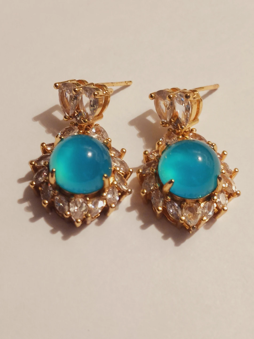 Gorgeous Gold Plated Blue Gemstone Pierced Earrings