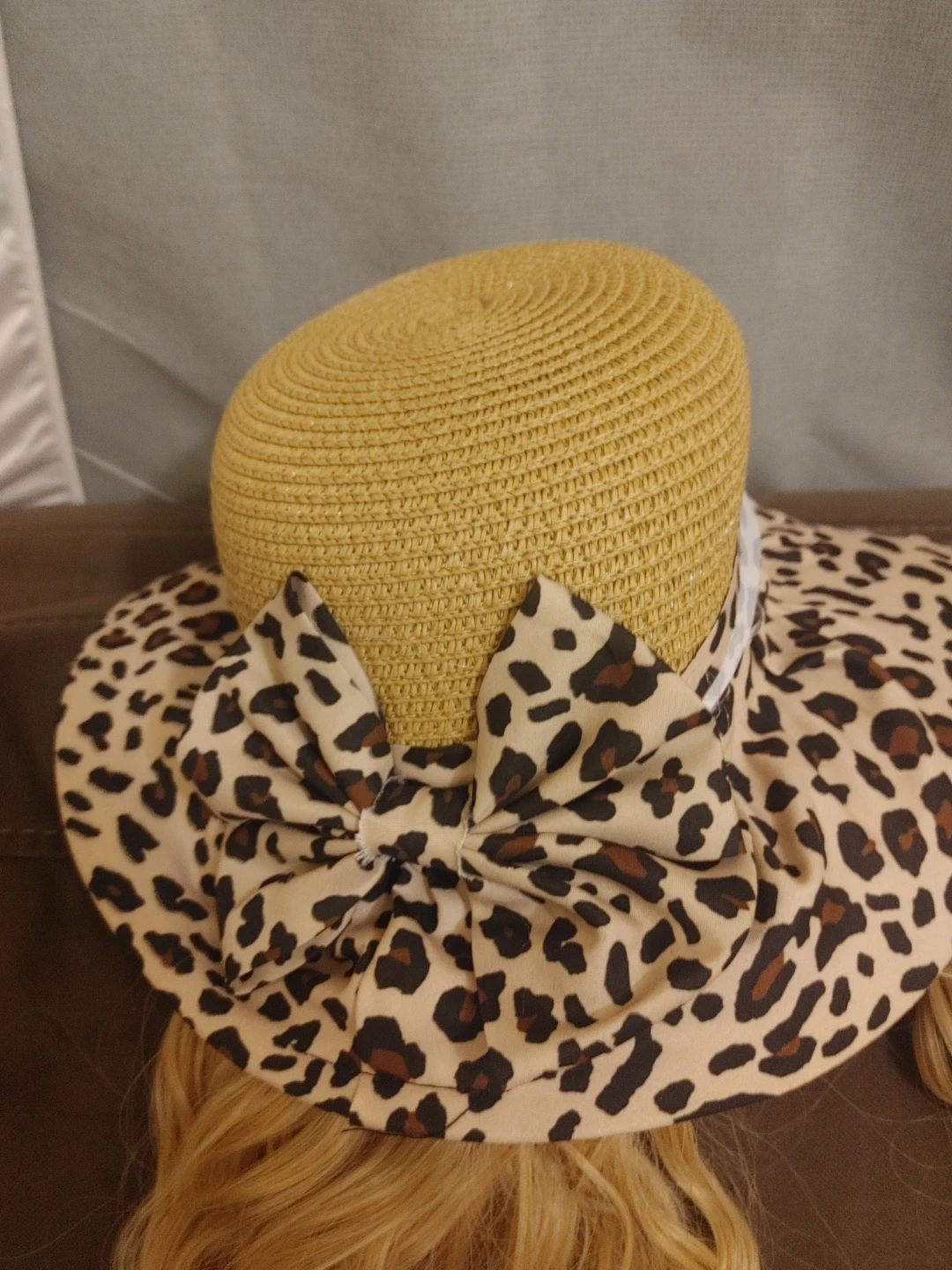 Straw Hat with Leopard Print Bow and Attached Blonde Hair - photo 5