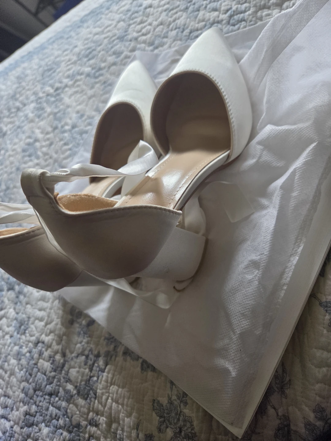 White Satin Block Heel Shoes with Pearl Accents