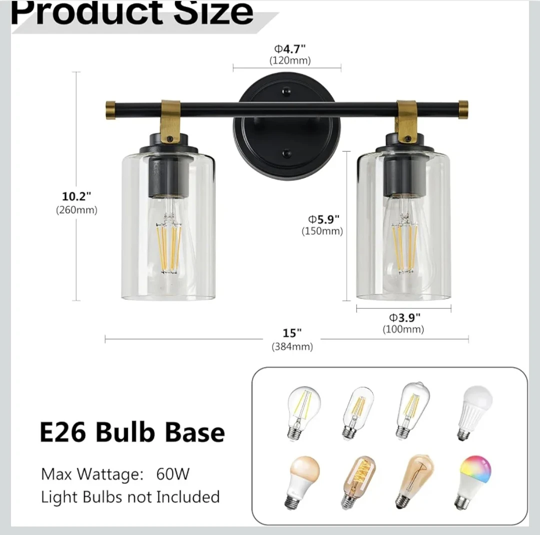 2-Light Vanity Wall Sconce, Matte Black and Gold - photo 2