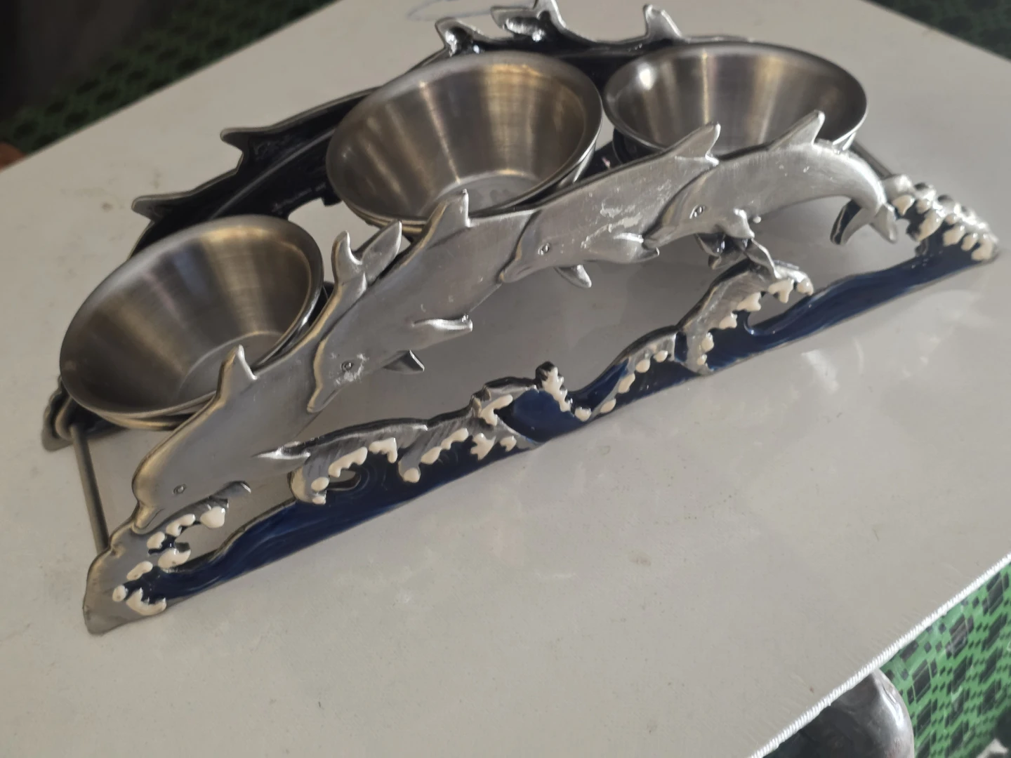 Pewter Dolphin Candle Votive 3 Tea Light Stand Holder # P2 - photo 3
