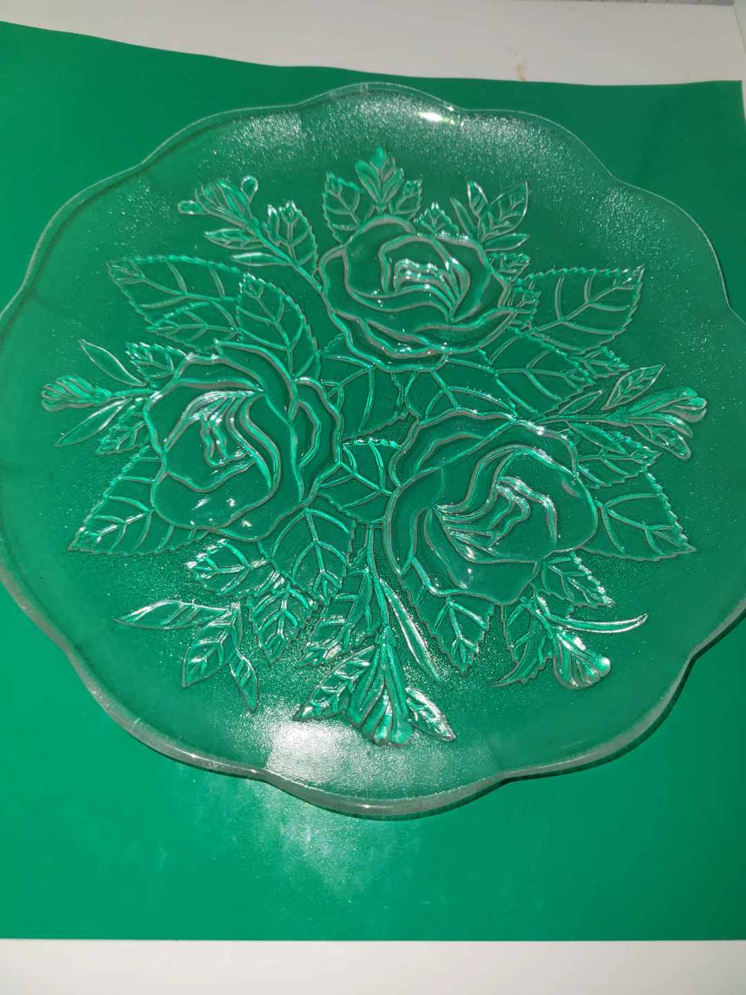 Clear Glass Serving Plate with Rose Pattern