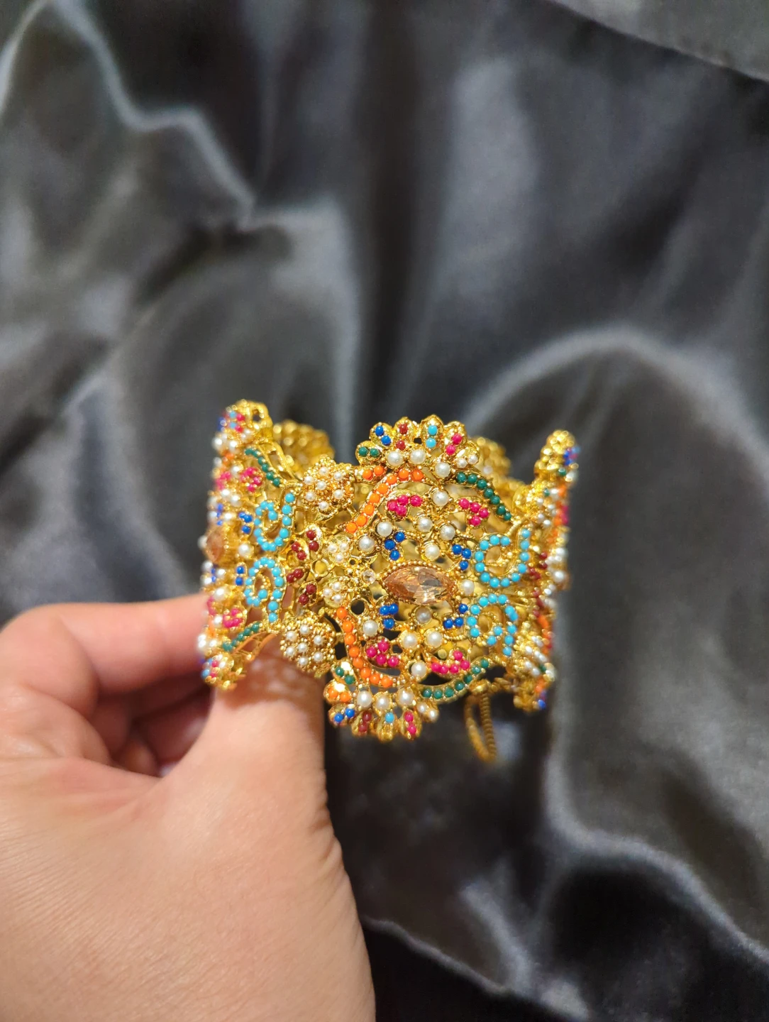 Ornate Gold-Tone Multi-Coloured Stone Bangle