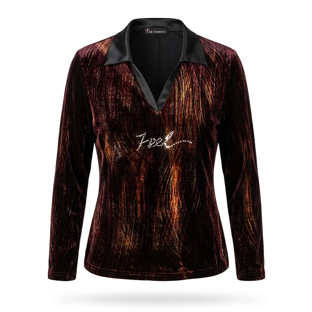 Qianhuiyi Velvet Rhinestone Polo Shirt