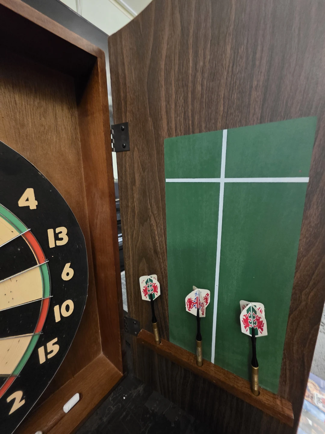 Sportcraft King of Arms Wood Cabinet with Dart Board metal darts - photo 5