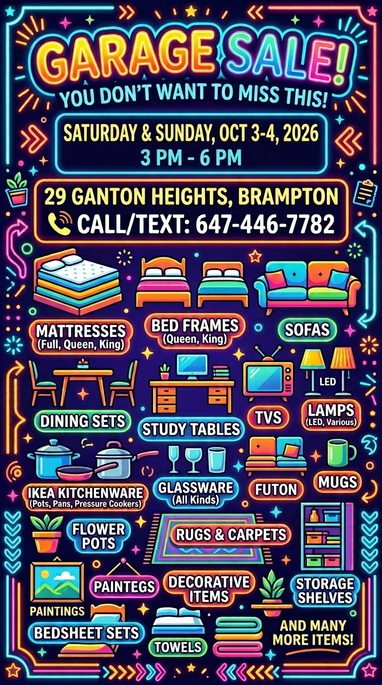 Garage sale - 29 ganton hts Brampton, 3rd and 4th Oct