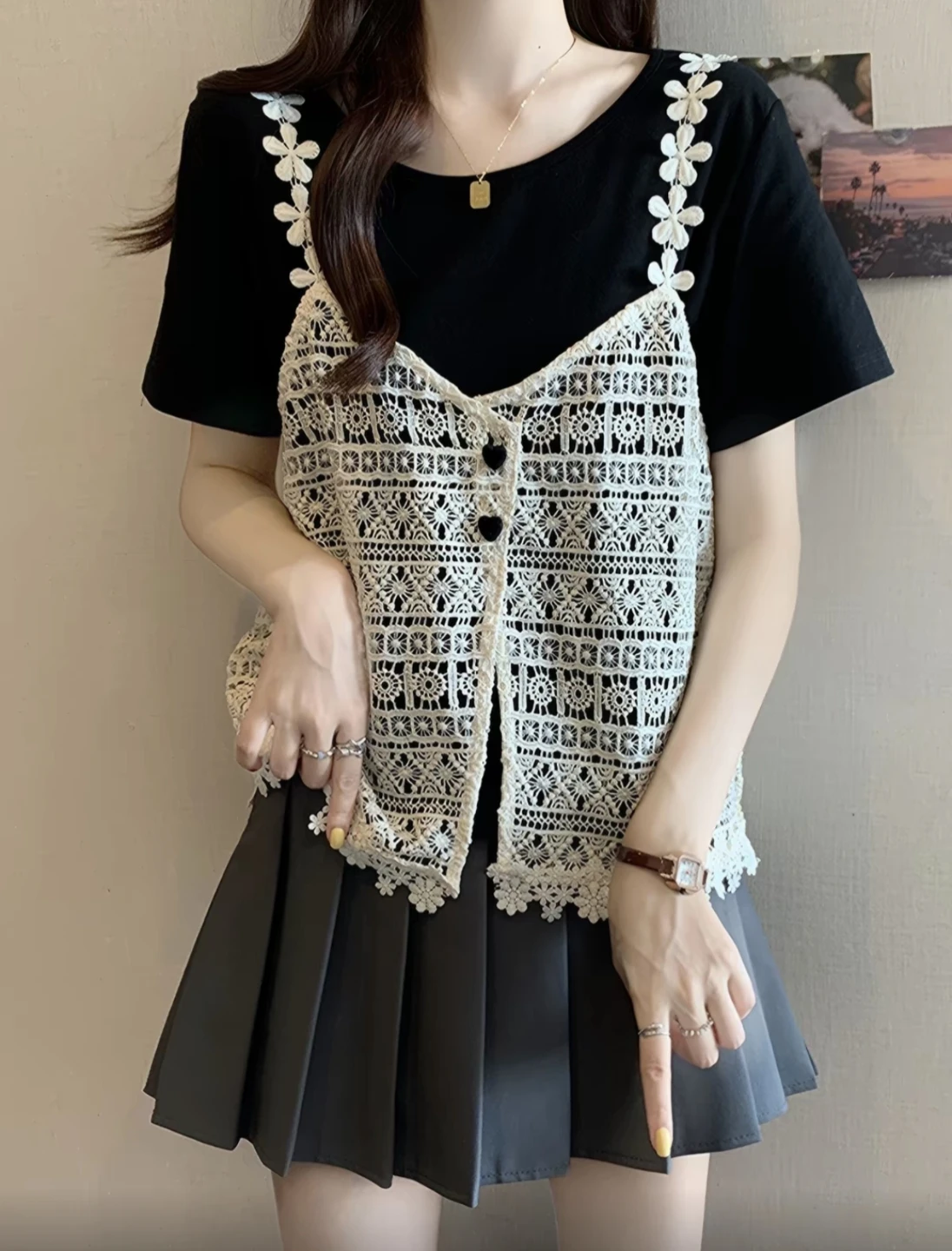 Set-  Black shirt + lace tank