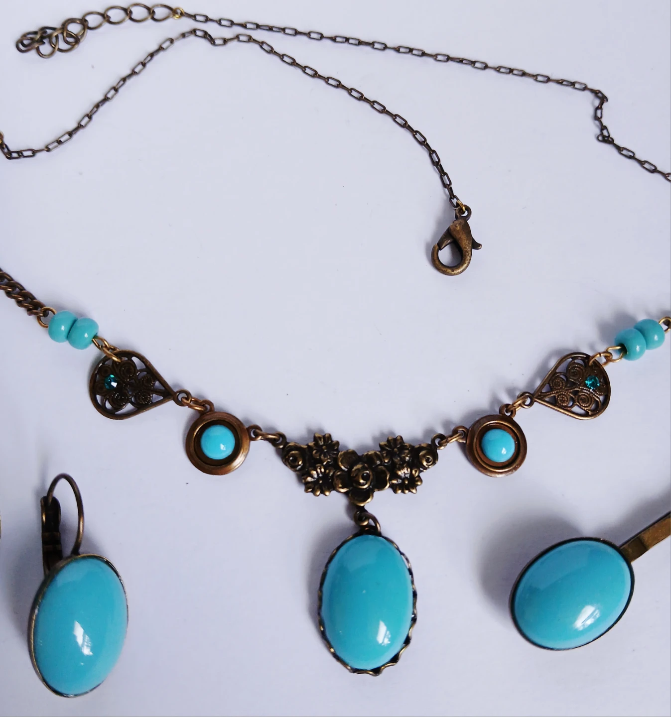 Vintage Style Turquoise Blue Necklace Earring and hair pin - photo 5
