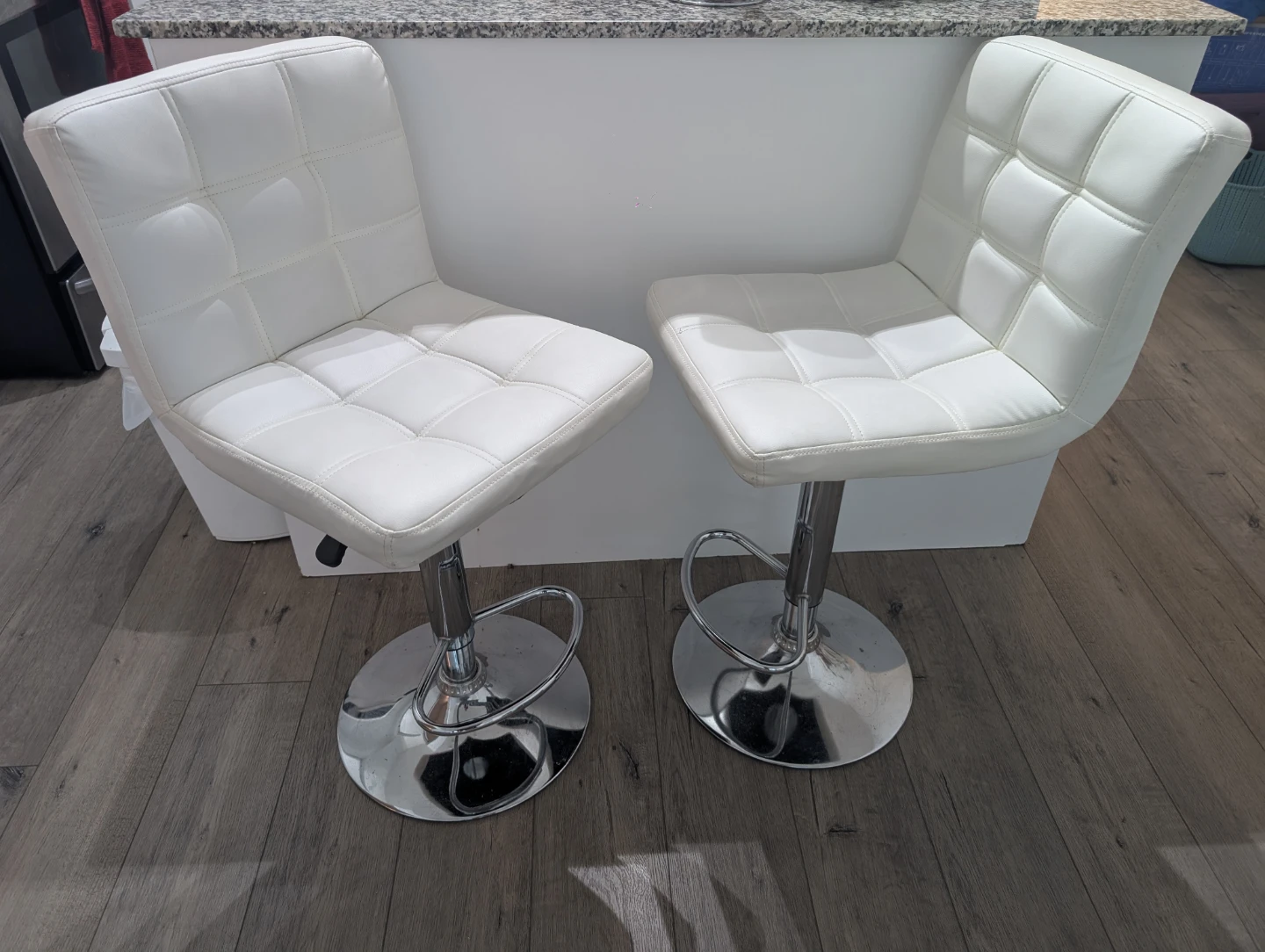 Two White  Faux Leather Bar Stools