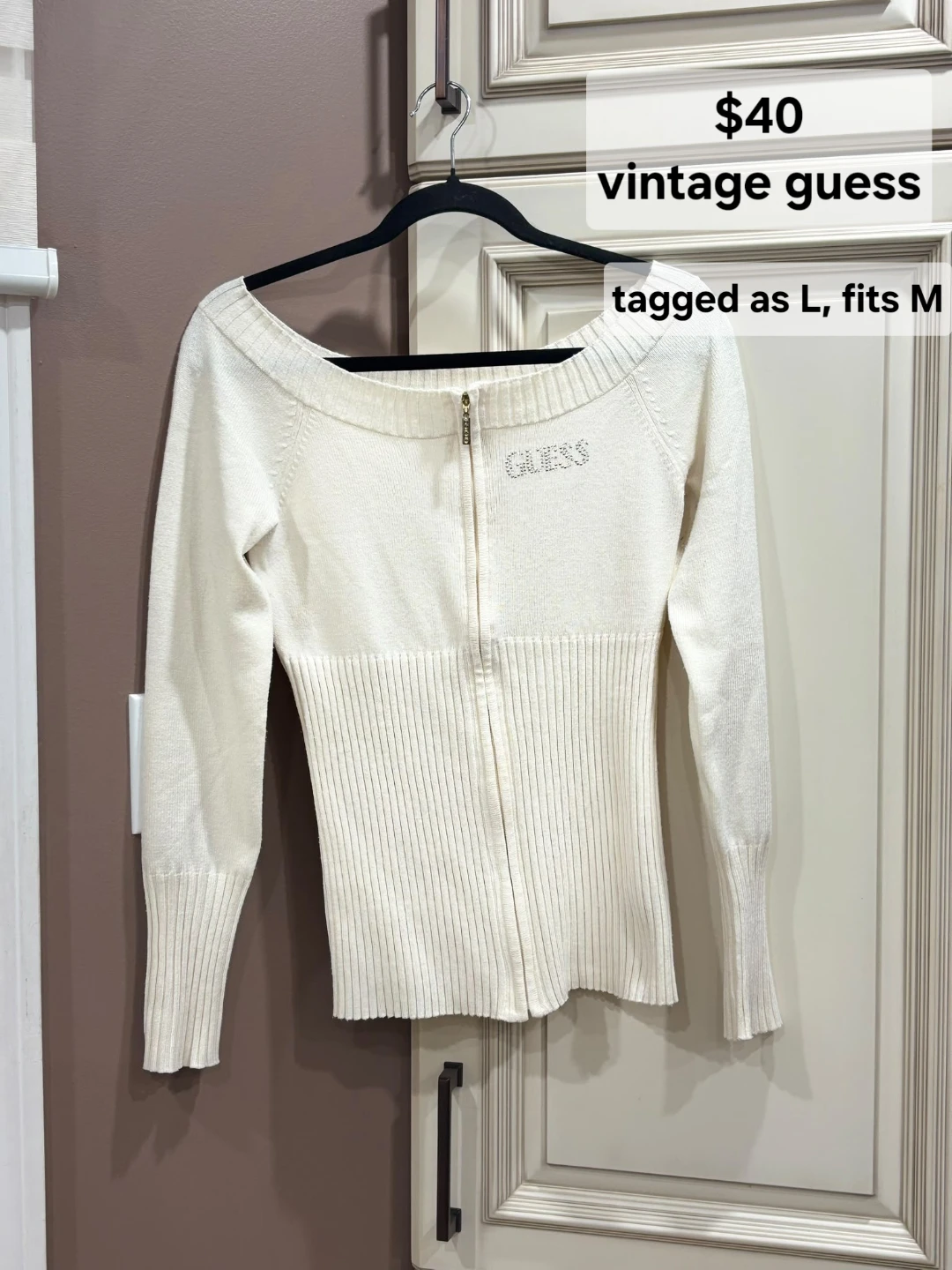 Vintage Guess Off-Shoulder Zip-Up Sweater