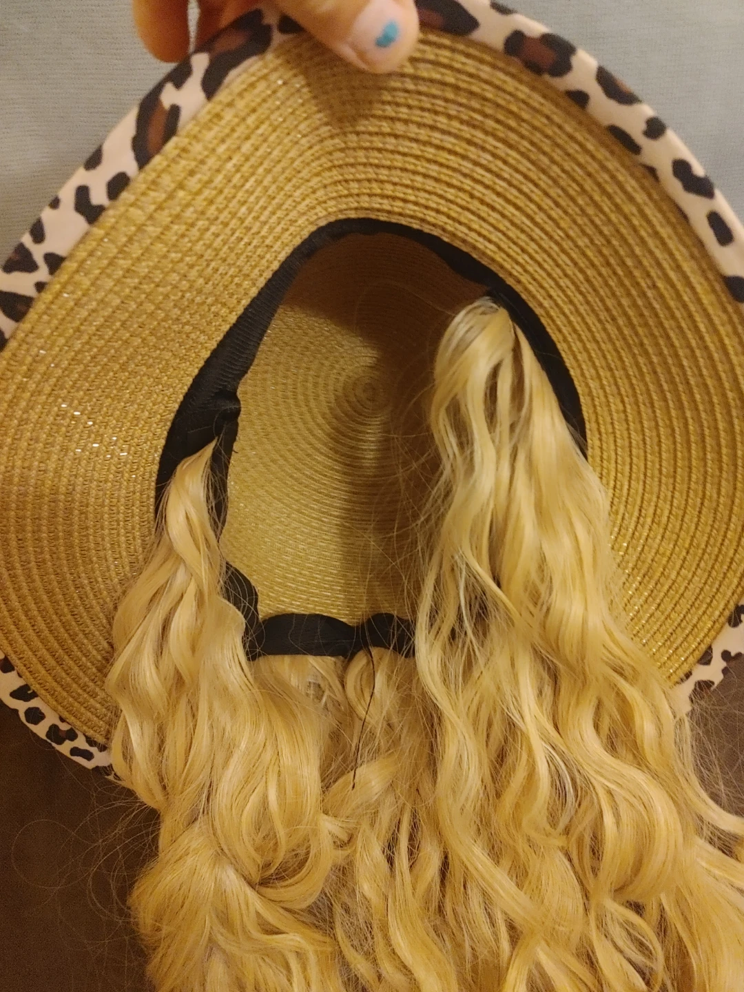 Straw Hat with Leopard Print Bow and Attached Blonde Hair - photo 4