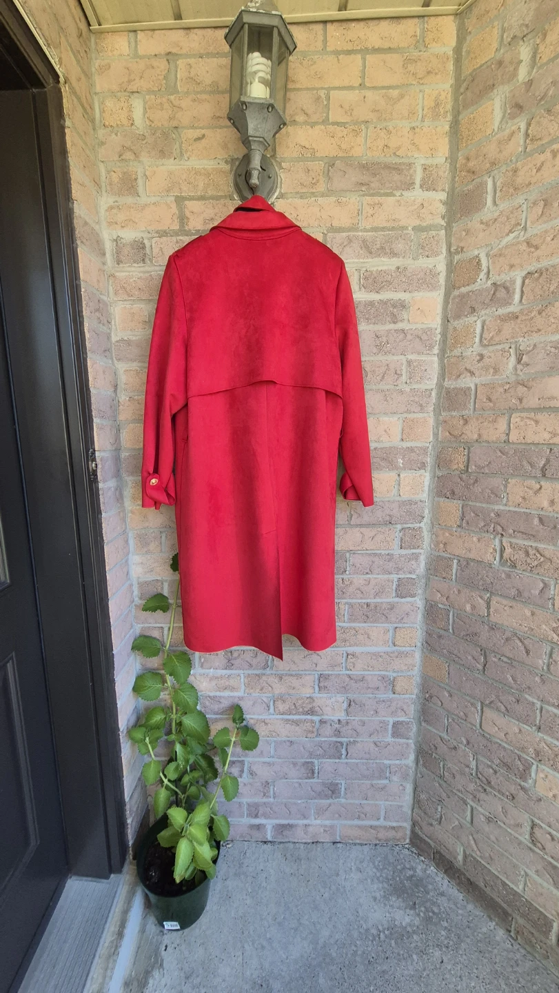Vibrant Red Faux Suede Trench Coat - photo 4