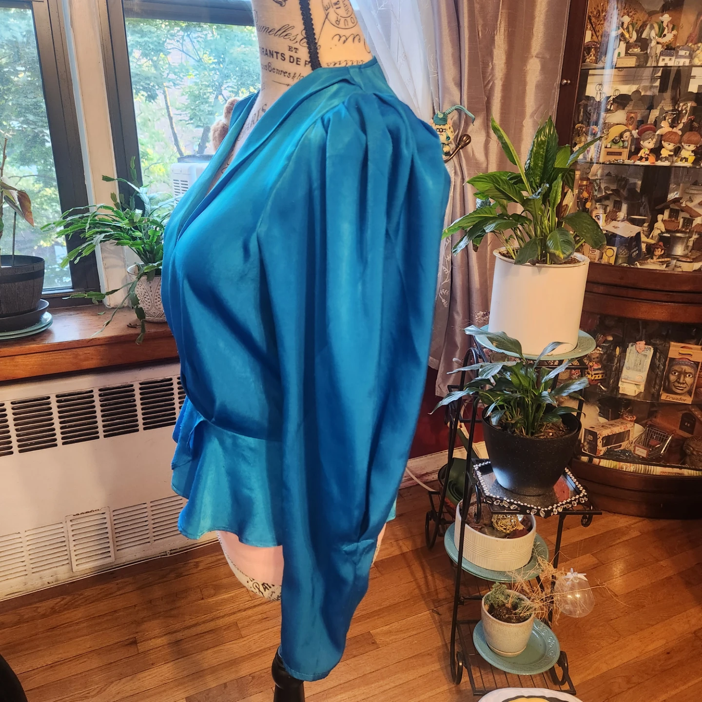 DKNY Vibrant Blue Satin Faux Wrap Blouse with Puff Sleeves - photo 5