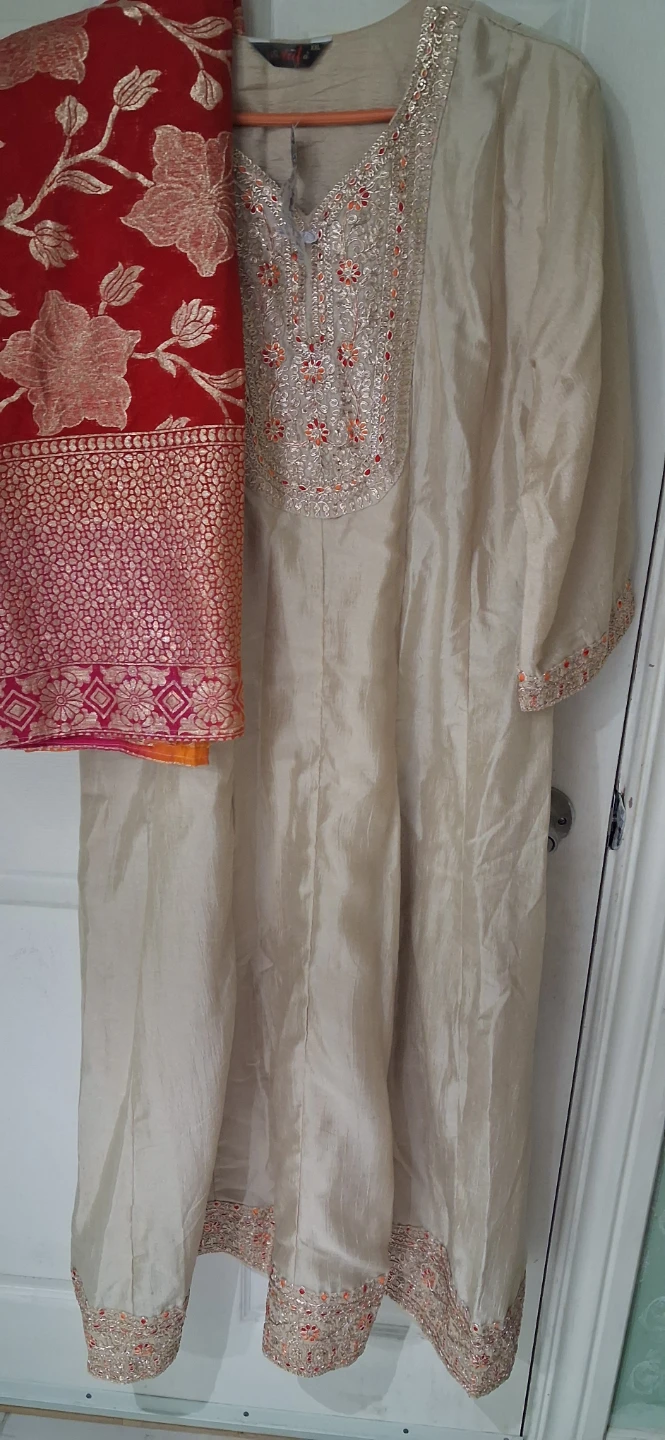 Beige Embroidered Kurta with Red Dupatta