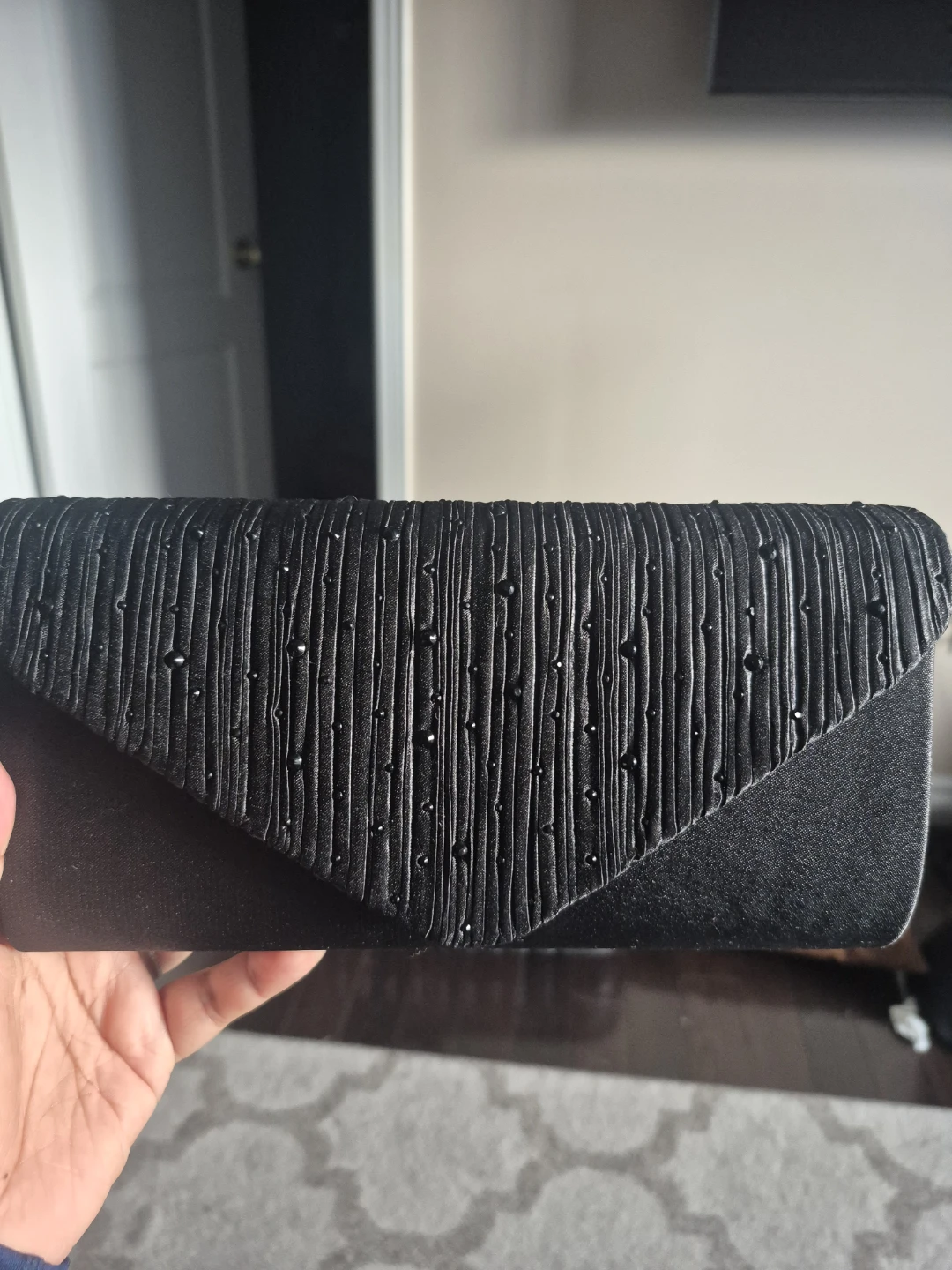 Black Beaded Satin Envelope Clutch