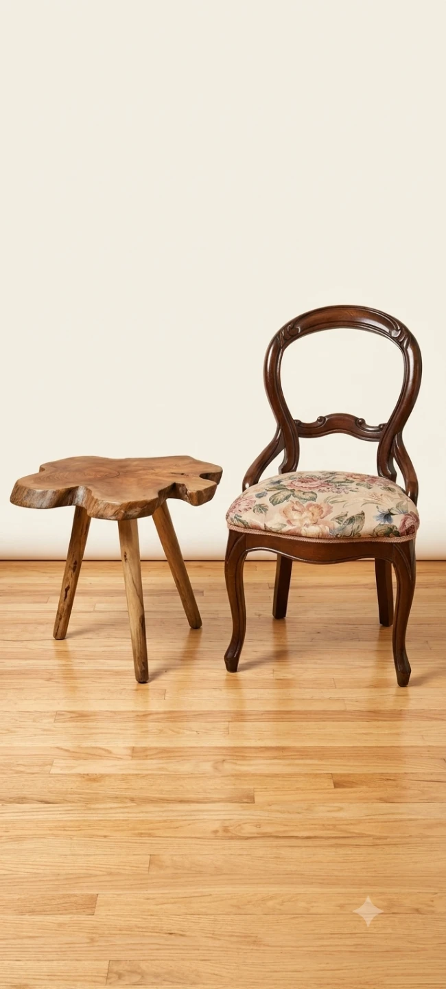 Vintage floral balloon back chair and live edge side table