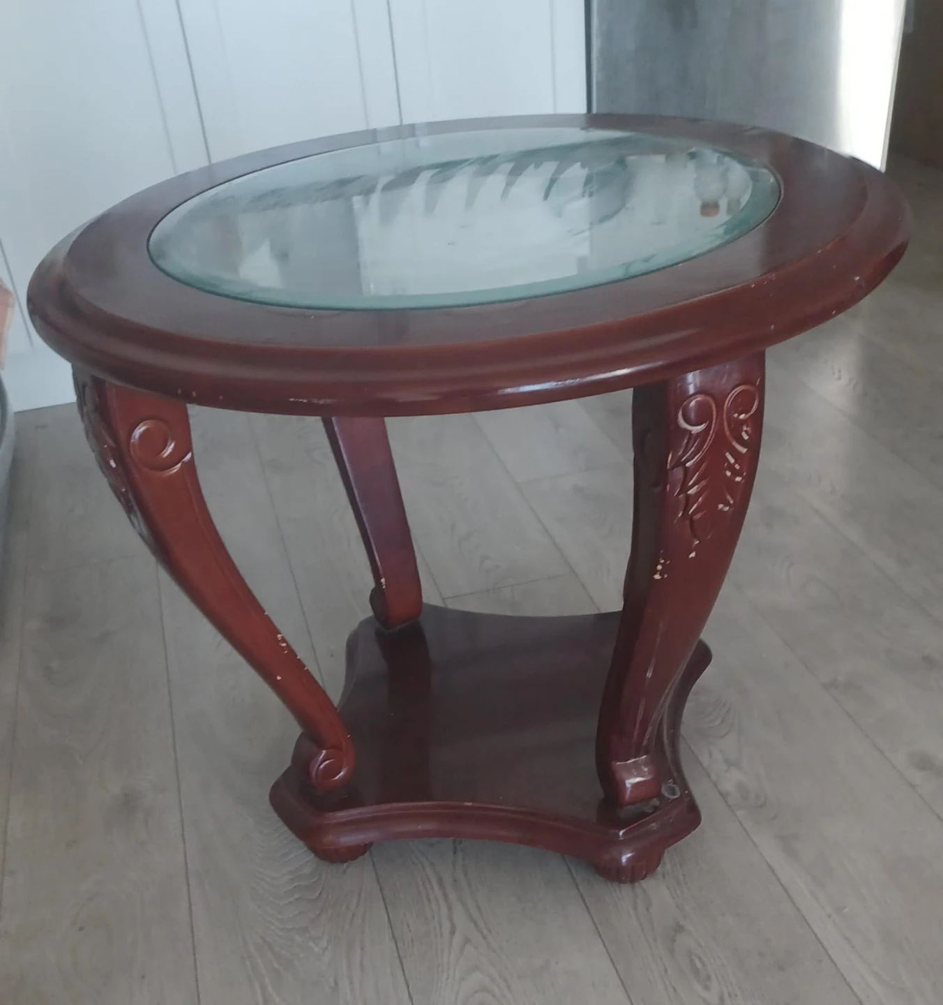 Round Wooden Side Table with Glass Top