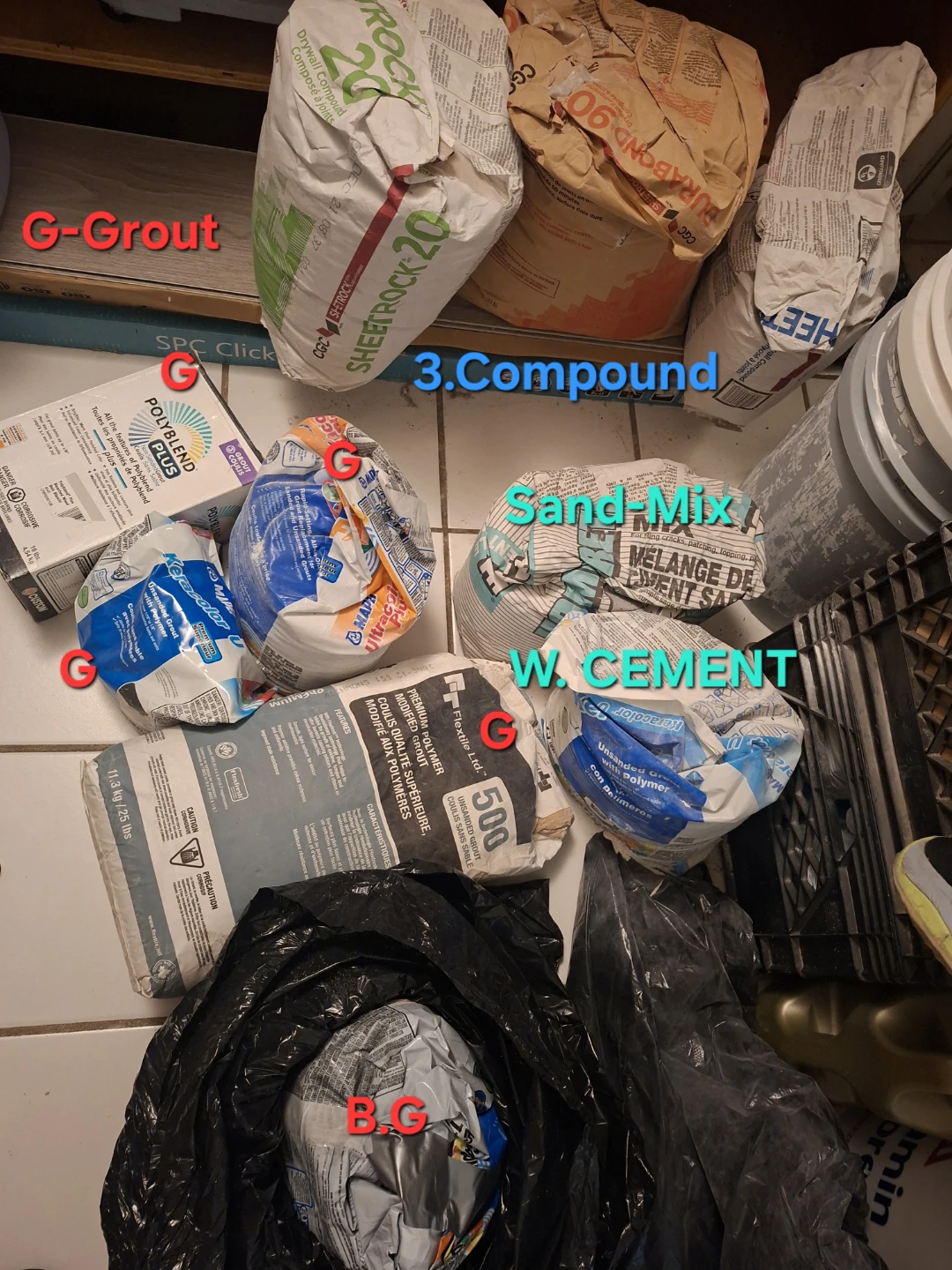 Assorted Construction Materials and Grout