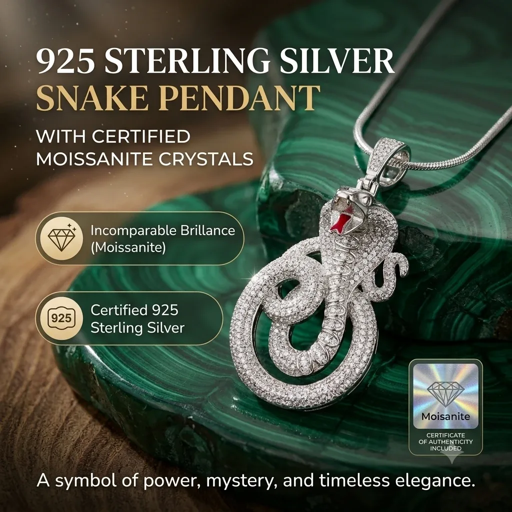 925 Sterling Silver Snake Pendant with Moissanite