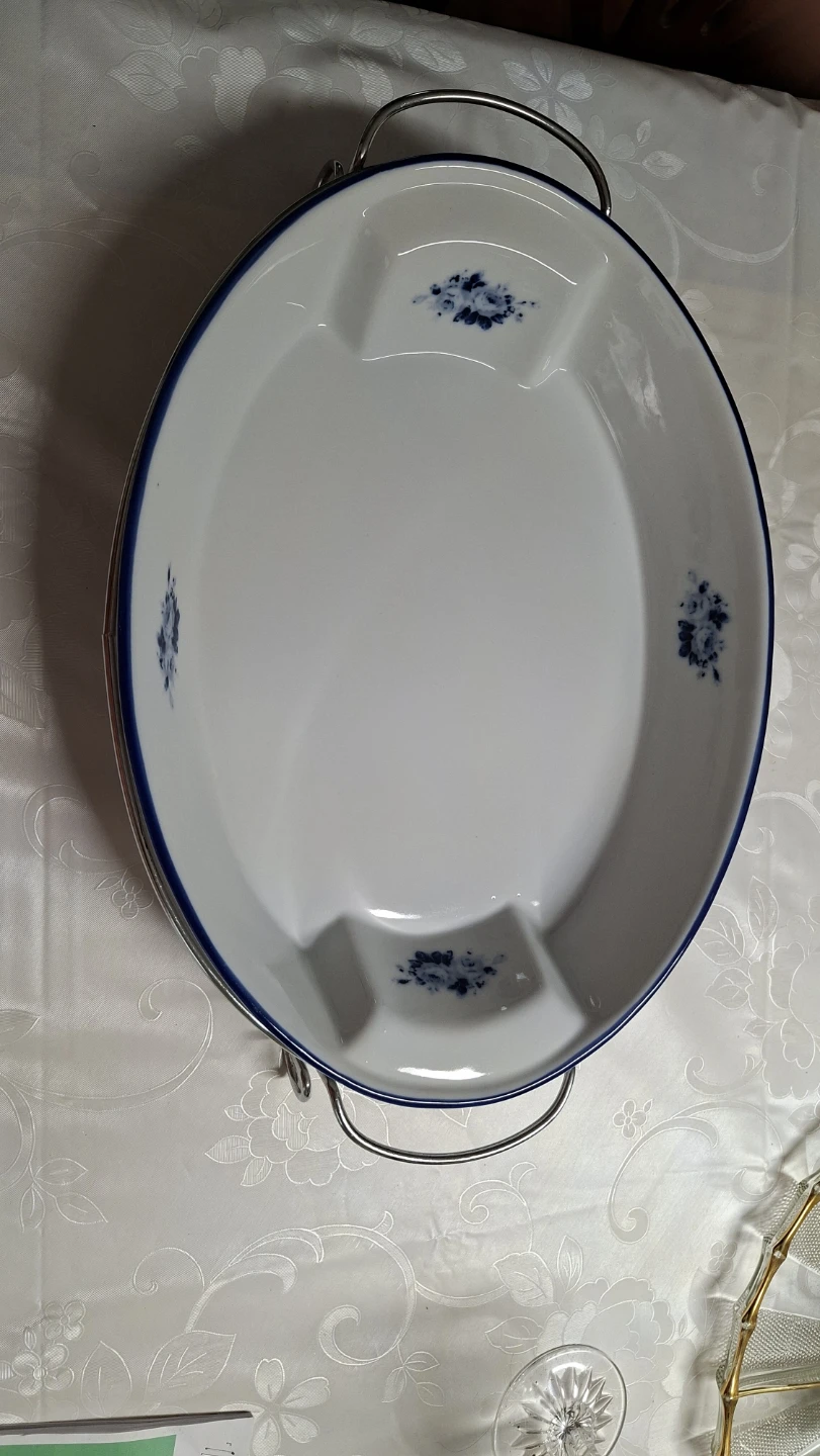 Oval Porcelain Serving Dish with Metal Stand