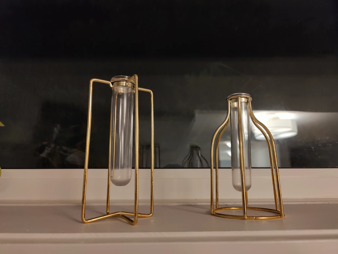 Set of Two Gold Metal and Glass Bud Vases