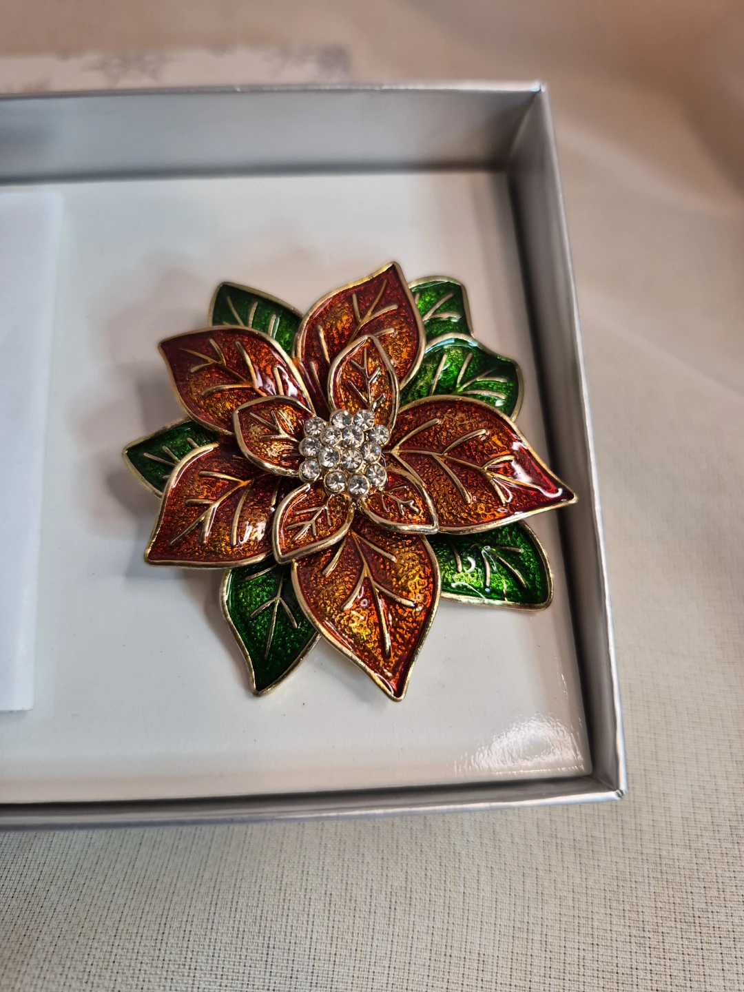 Vintage Red & Green Enameled Poinsettia Christmas Fashion Brooch - photo 4