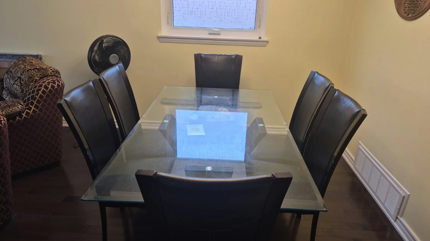Modern Glass Top Dining Table + 6 Dark Leatherette Chairs Set