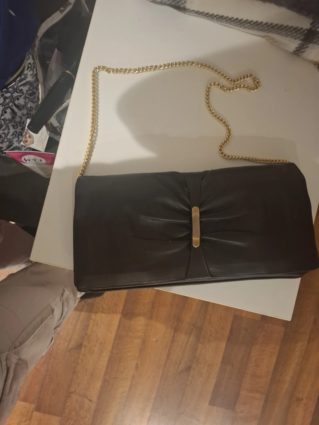 Black Leather Clutch Bag with Gold Chain - photo 2