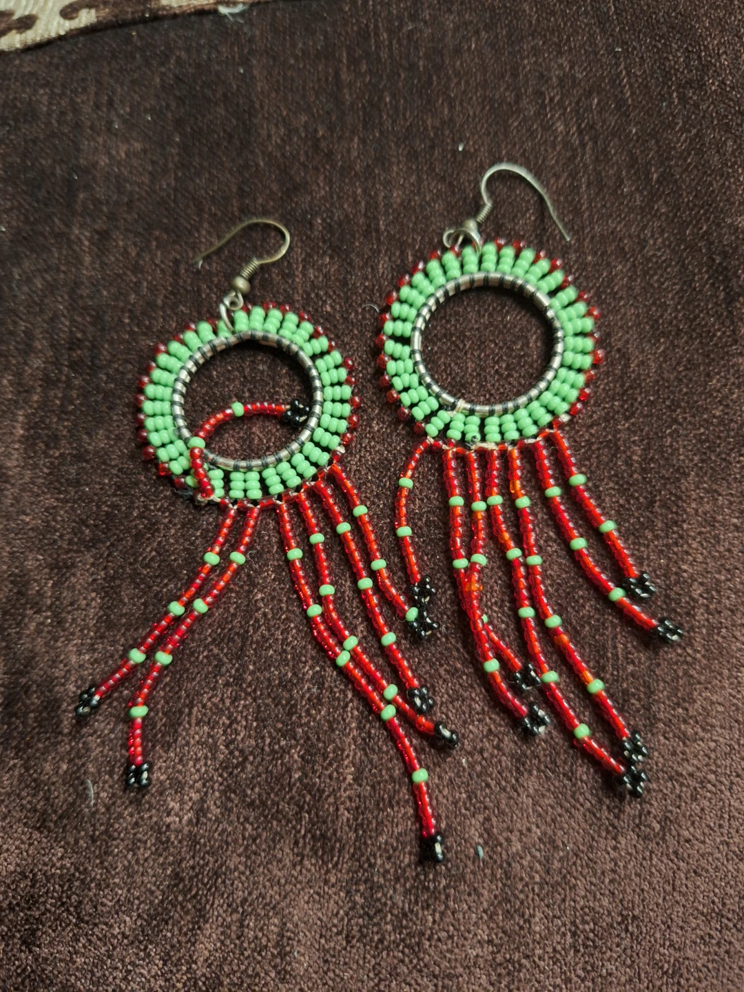 Handmade Beaded Hoop Earrings Green and Red