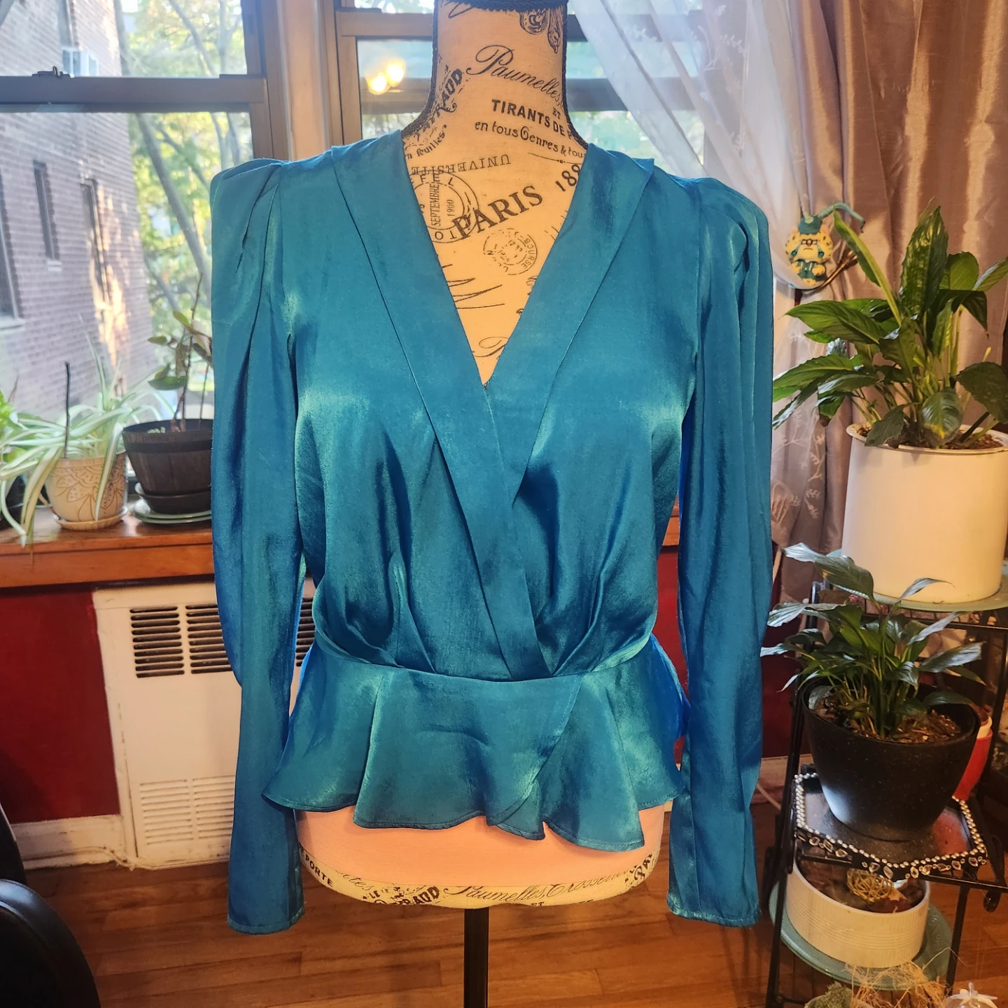 DKNY Vibrant Blue Satin Faux Wrap Blouse with Puff Sleeves - photo 4