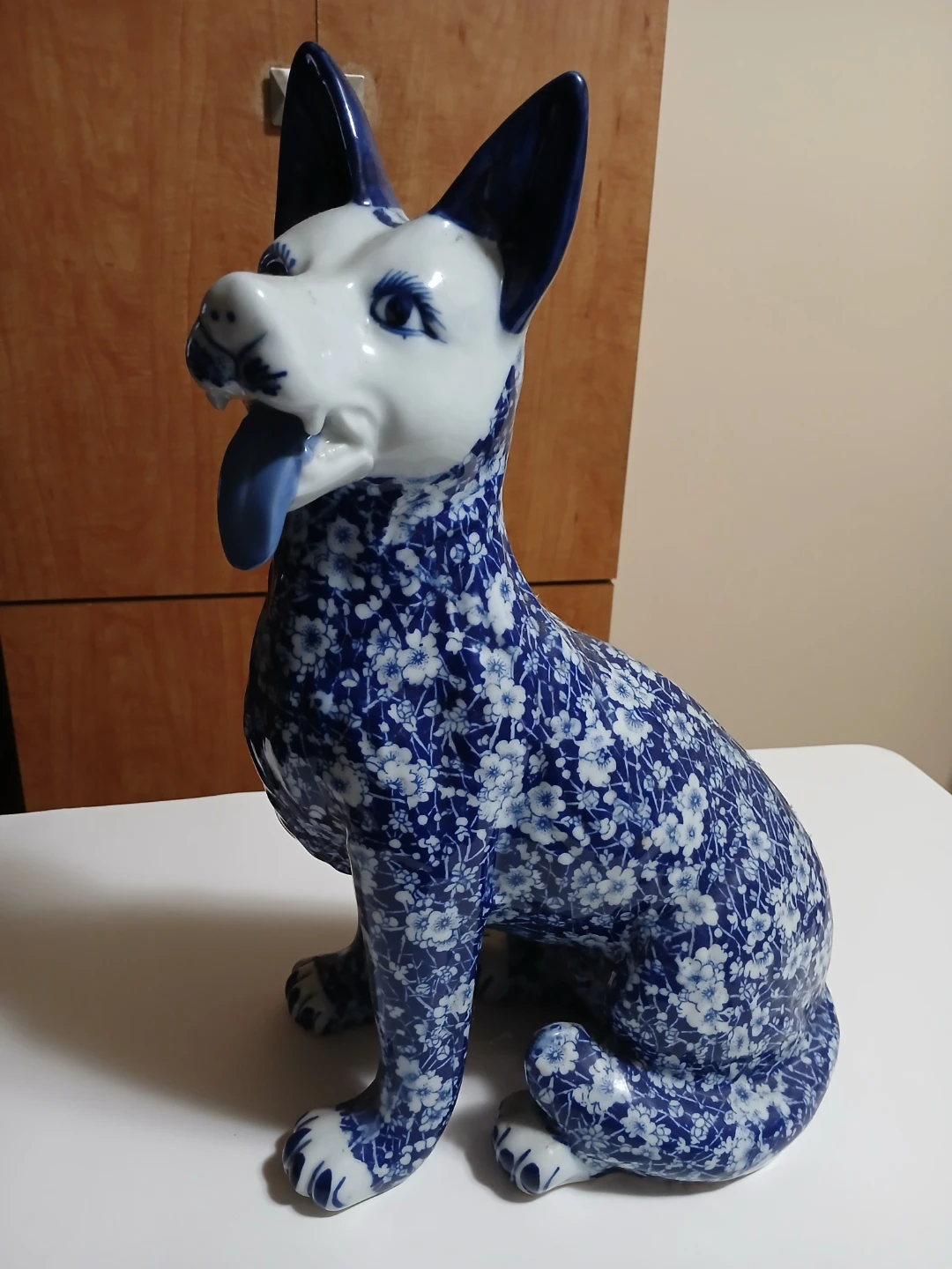 Blue and White Floral Ceramic Dog Figurine