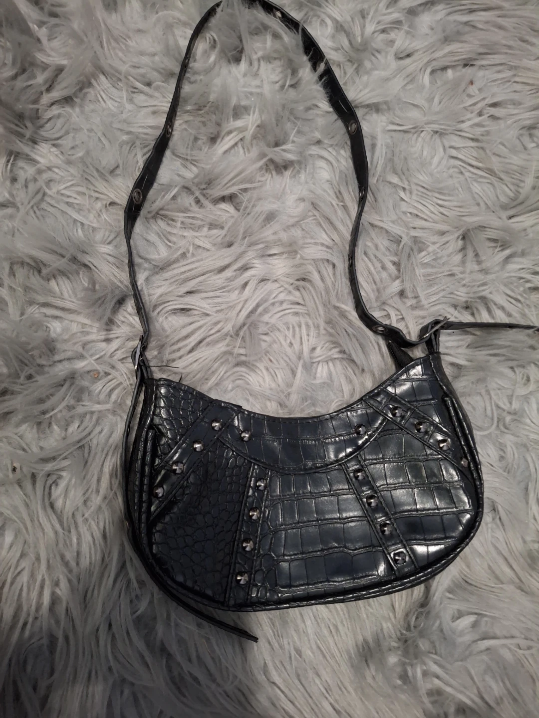 Black Croc-Embossed Studded Shoulder Bag