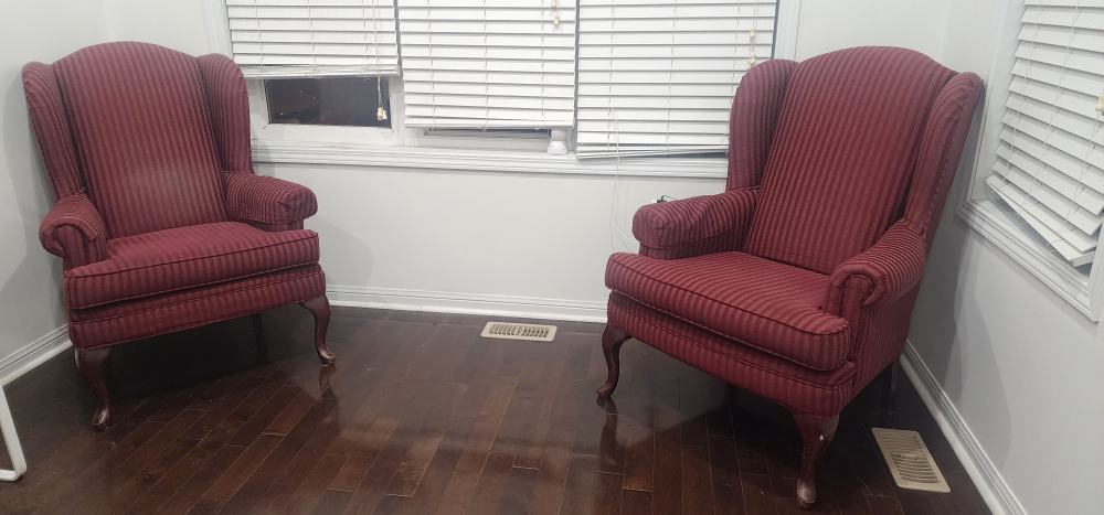 Set of Two Burgundy Striped Wingback Armchairs