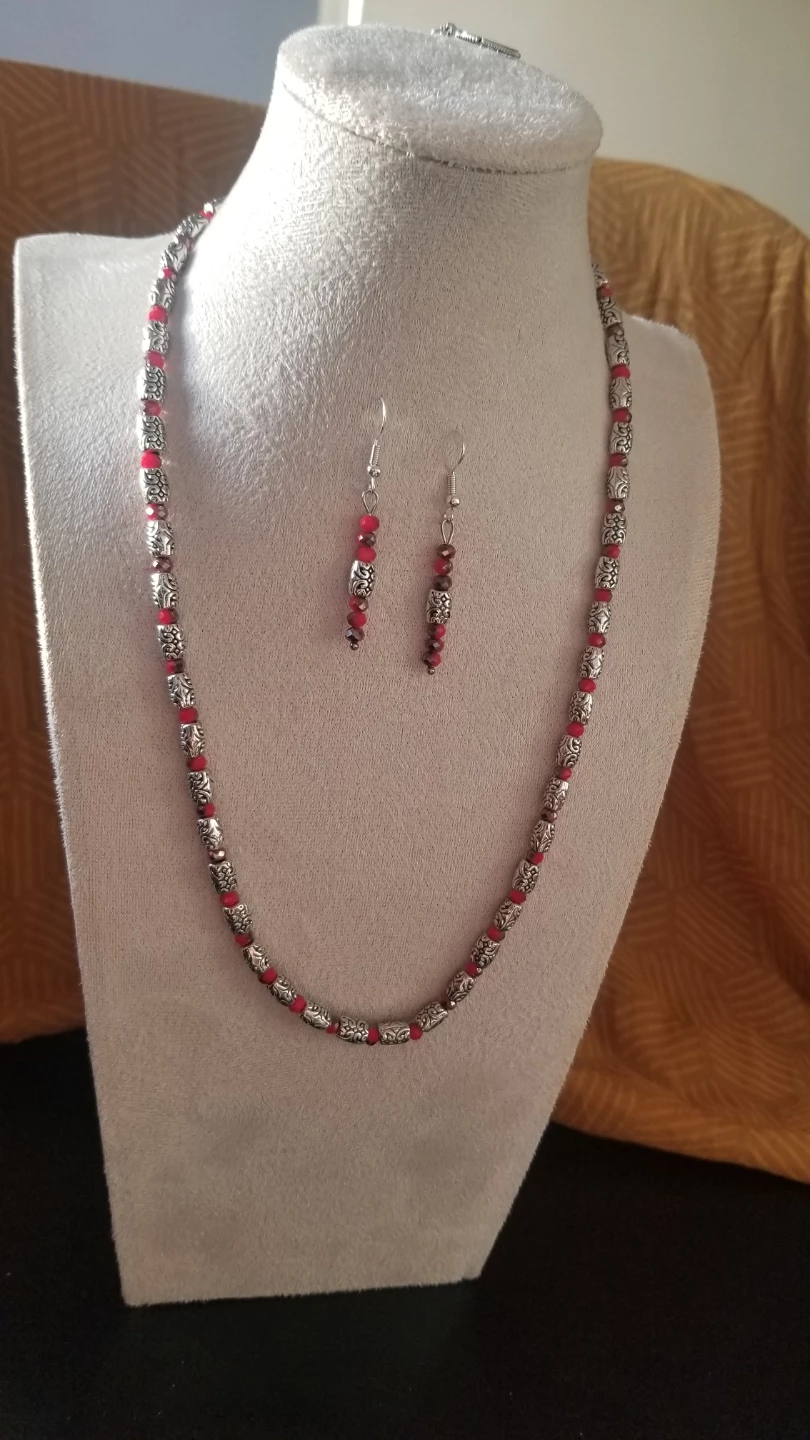 Red and Silver Beaded Necklace and Earring Set