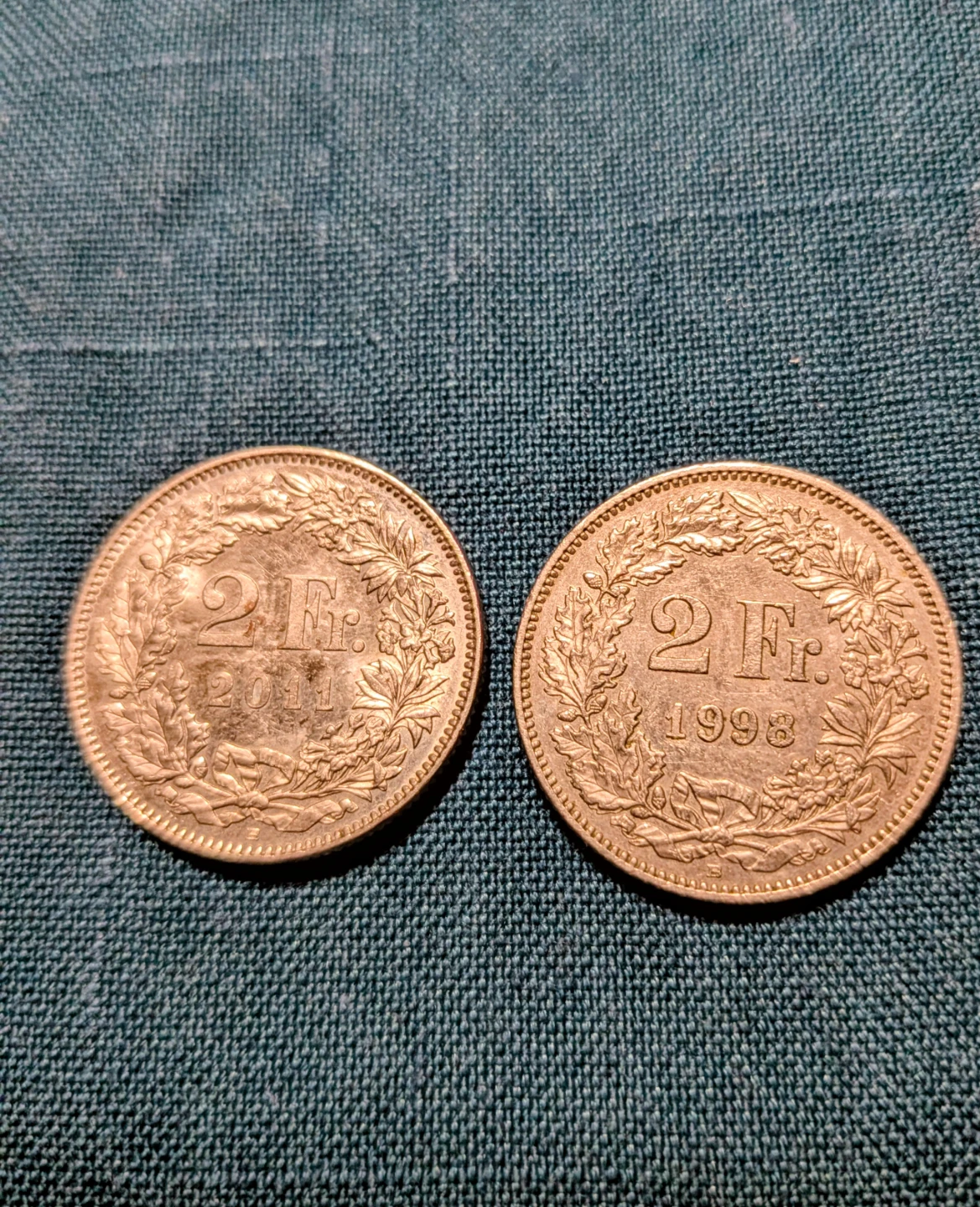 Two Two Swiss Franc (CHF) Coins 1998 and 2011 / $5