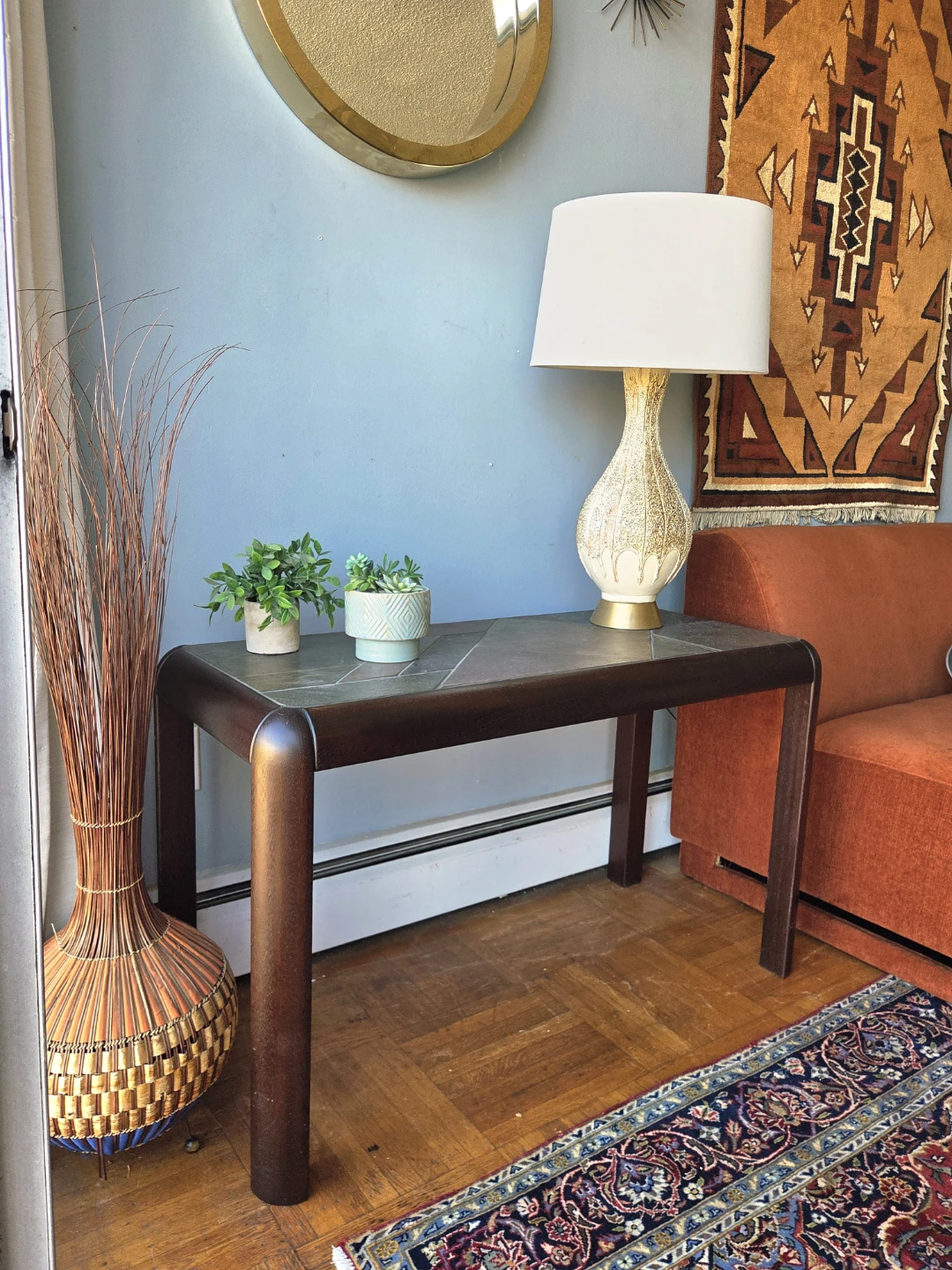 Vintage Brutalist Stone Tile Top Console Table