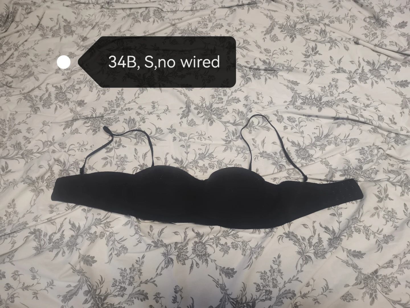 Black strapless bra, size 34B
