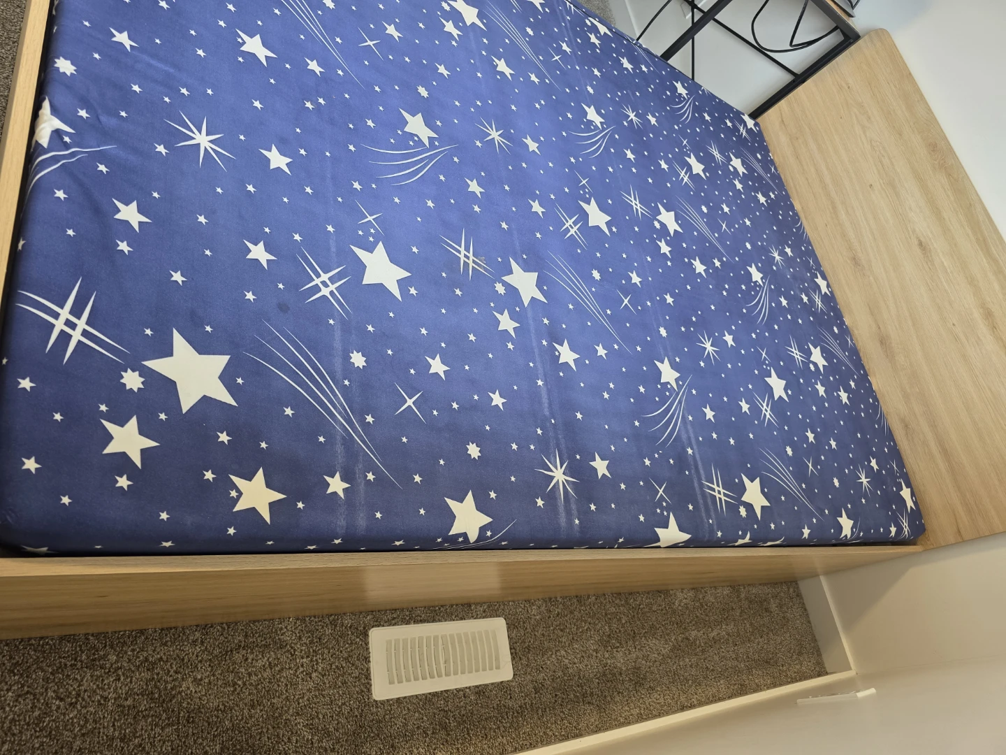 Wooden Bed Frame with Starry Fitted Sheet