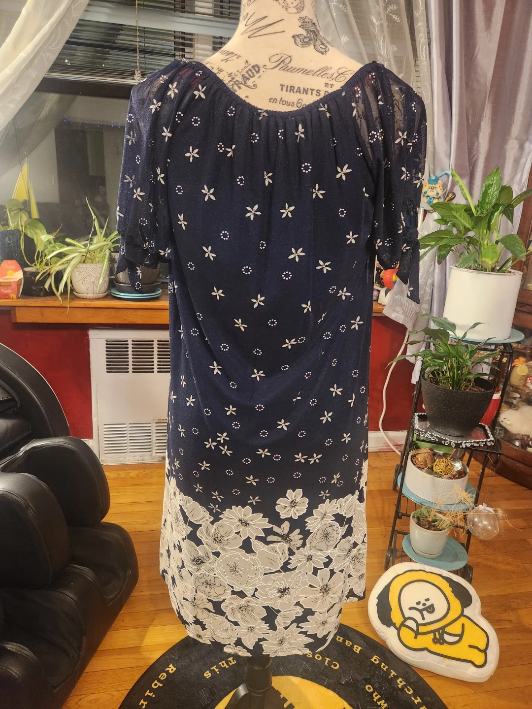 EMBER Size Navy Blue Floral Border Print Sheer Tie Sleeve Dress - photo 4