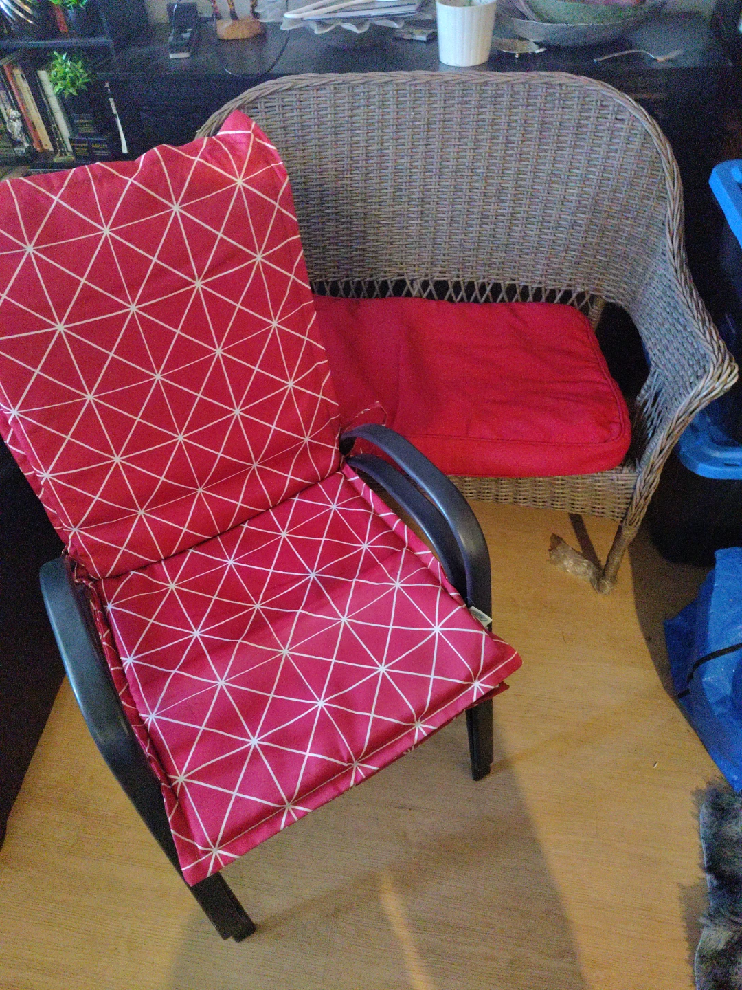 One Wicker loveseat and two patio chairs with cushions - photo 4